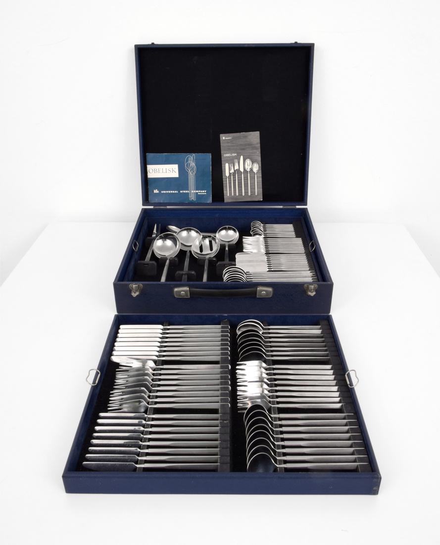 Erik Herlow OBELISK Service for 8 Flatware Set, 89: Designer & Manufacturer: Erik Herlow; Copenhagen Cutlery Markings: Copenhagen Cutlery imprint Country of Origin & Materials: Denmark; stainless steel Additional Information: OBELISK flatware service f