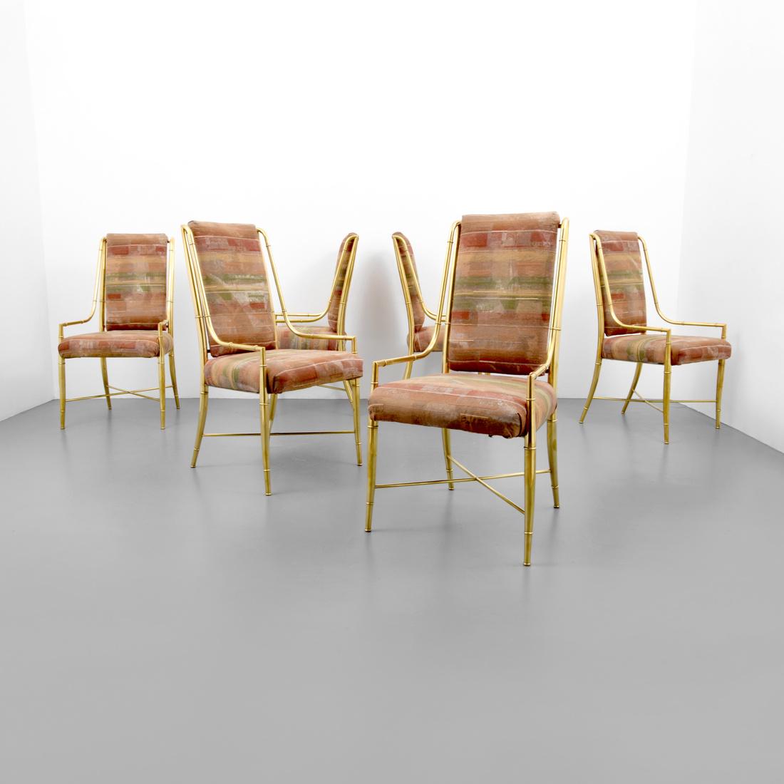 Mastercraft Dining Chairs, Set of 6: Designer & Manufacturer: Mastercraft Markings: no marking(s) apparent Country of Origin & Materials: USA; brass, upholstery Additional Information: No additional information. Dimensions(H,W,D): 42.25"