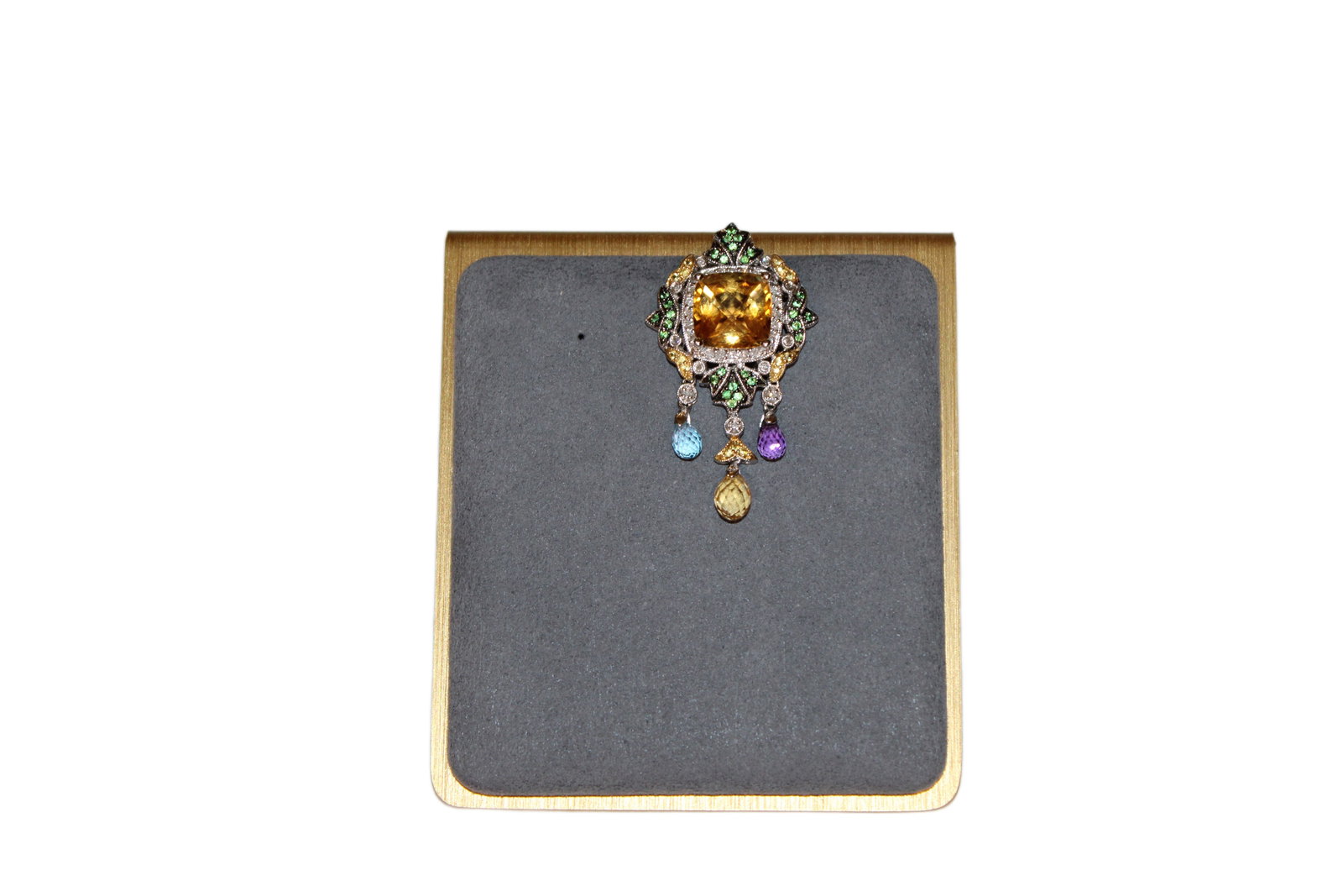 Ladies 14K White Gold Diamond and Citrine Pendant: Ladies 14K White Gold Diamond and Citrine Pendant. 1 Square Cushion with Criss Cross Cut Citrine, 11 Cut Diamonds, Assorted Gem Stones Total 6.9g Back of Pendant Shown in Last Two Photos. 14K Stamp Sh