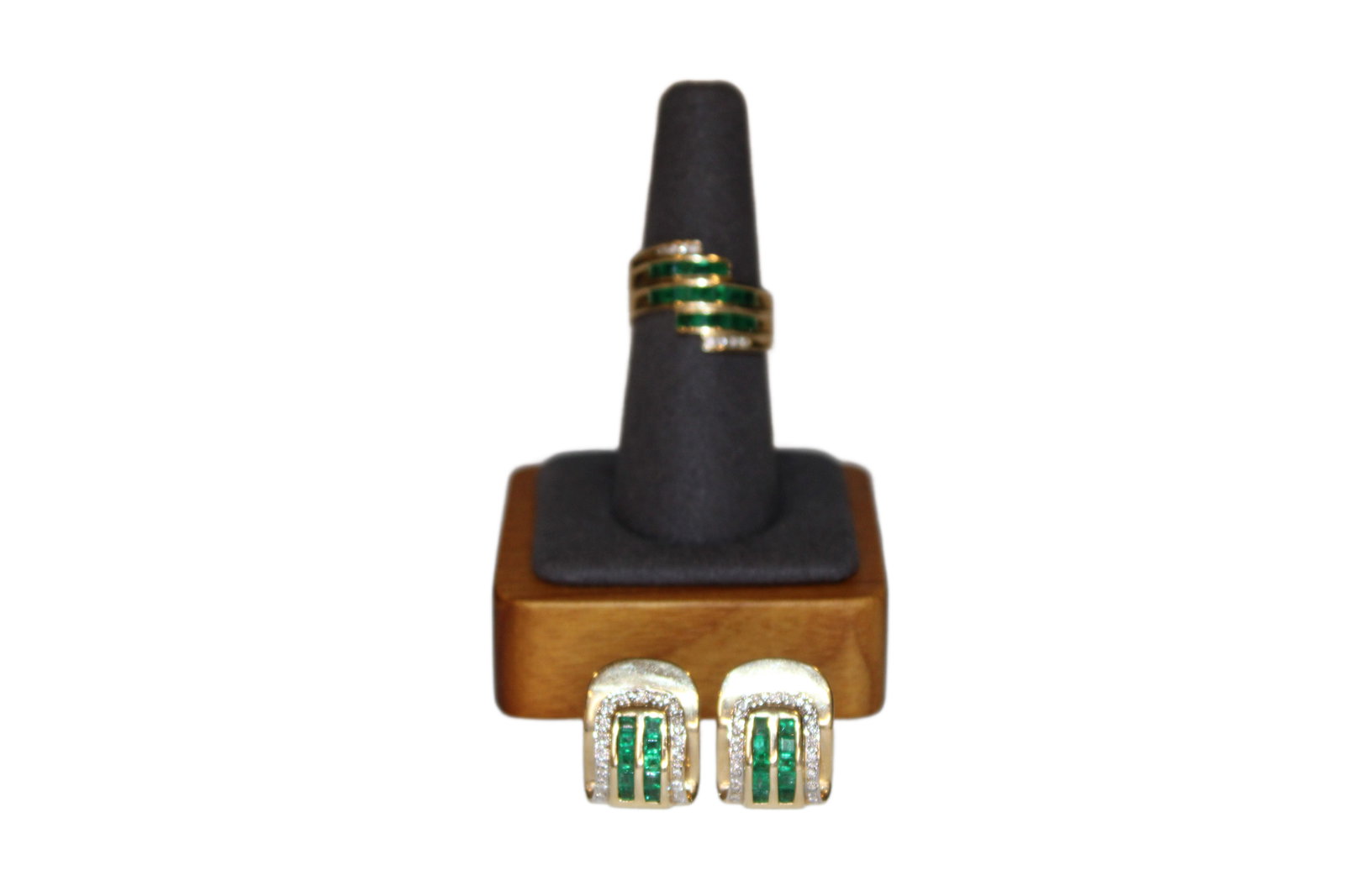 Ladies 14K Yellow Gold, Emerald, Diamond Earrings, Ring: Ladies 14K Yellow Gold Earrings and Ring Set with Emeralds and Round Diamonds Earrings: 9.2g, Side Square Cut Emeralds Ring: 7.0g, Princess Cut Emeralds Set Weighs 16.2g Note: All Earrings Listed in T
