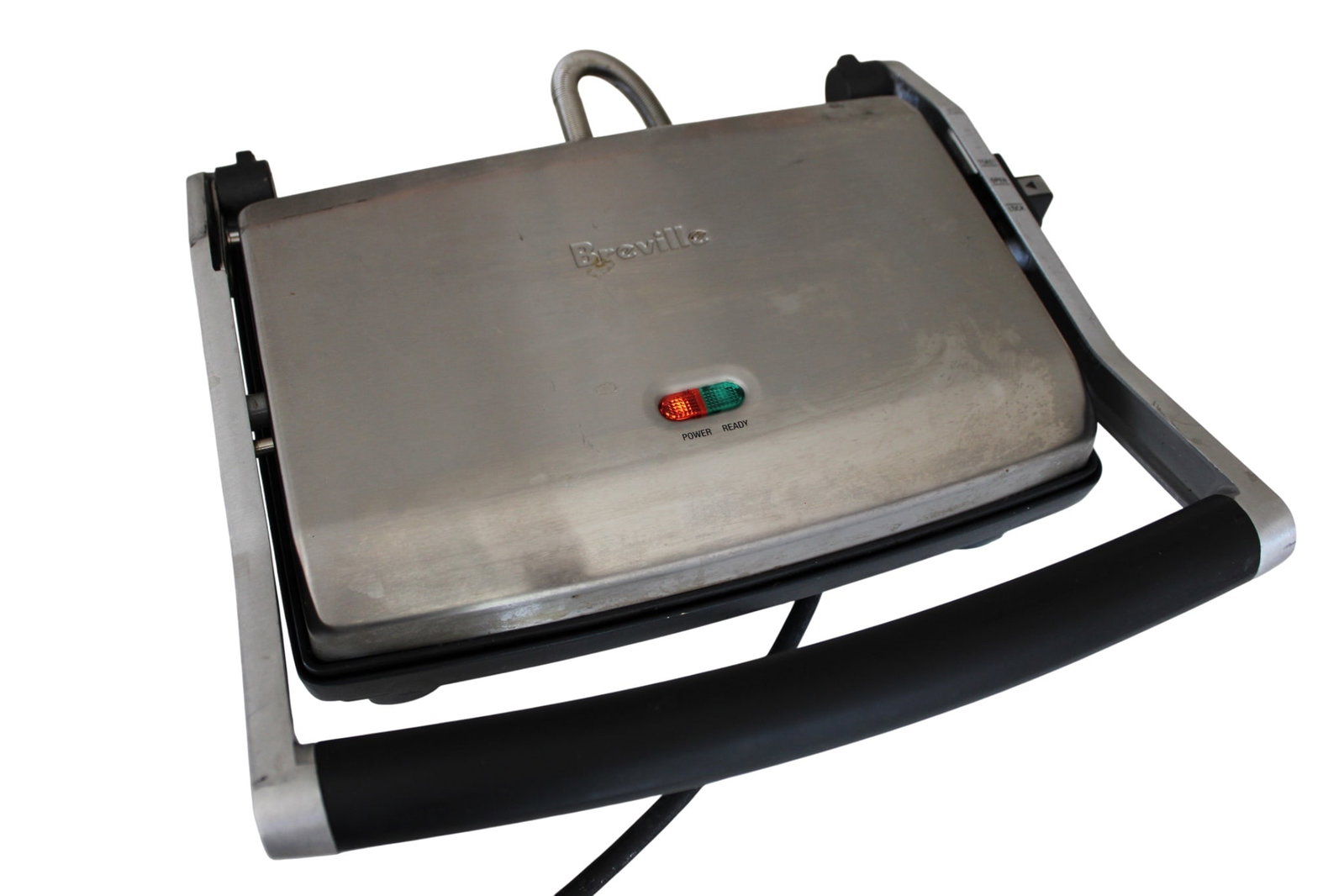 Breville Panini Duo Electric Sandwich Maker: Breville Panini Duo Electric Sandwich Maker. Nonstick Stainless Steel. Has a Lock Setting, Open, Toast, and Melt with Two Degrees in Between. Has a Cord Keeper on Bottom. 3.5" H x 12" W x 11.5" D.