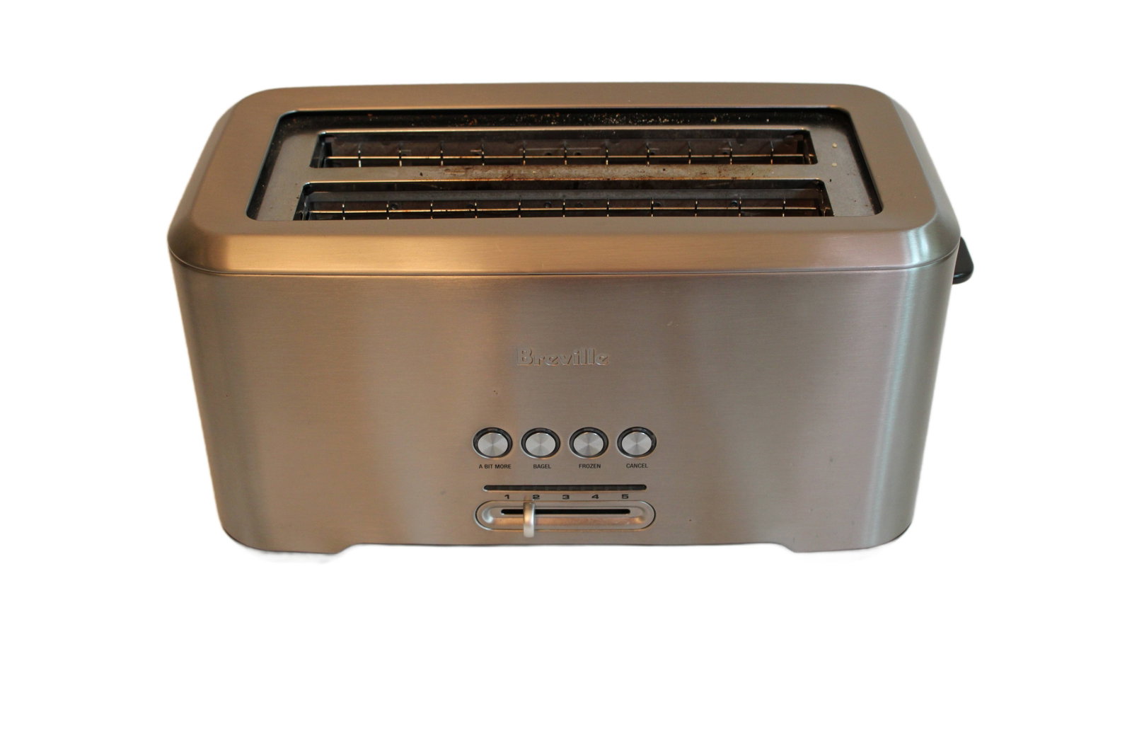 Breville A Bit More Long Slot Four Slice Toaster: Breville A Bit More Long Slot Four Slice Toaster. Brushed Stainless Steel. Model: BTA730XL. 8" H x 15" W x 7.5" D.