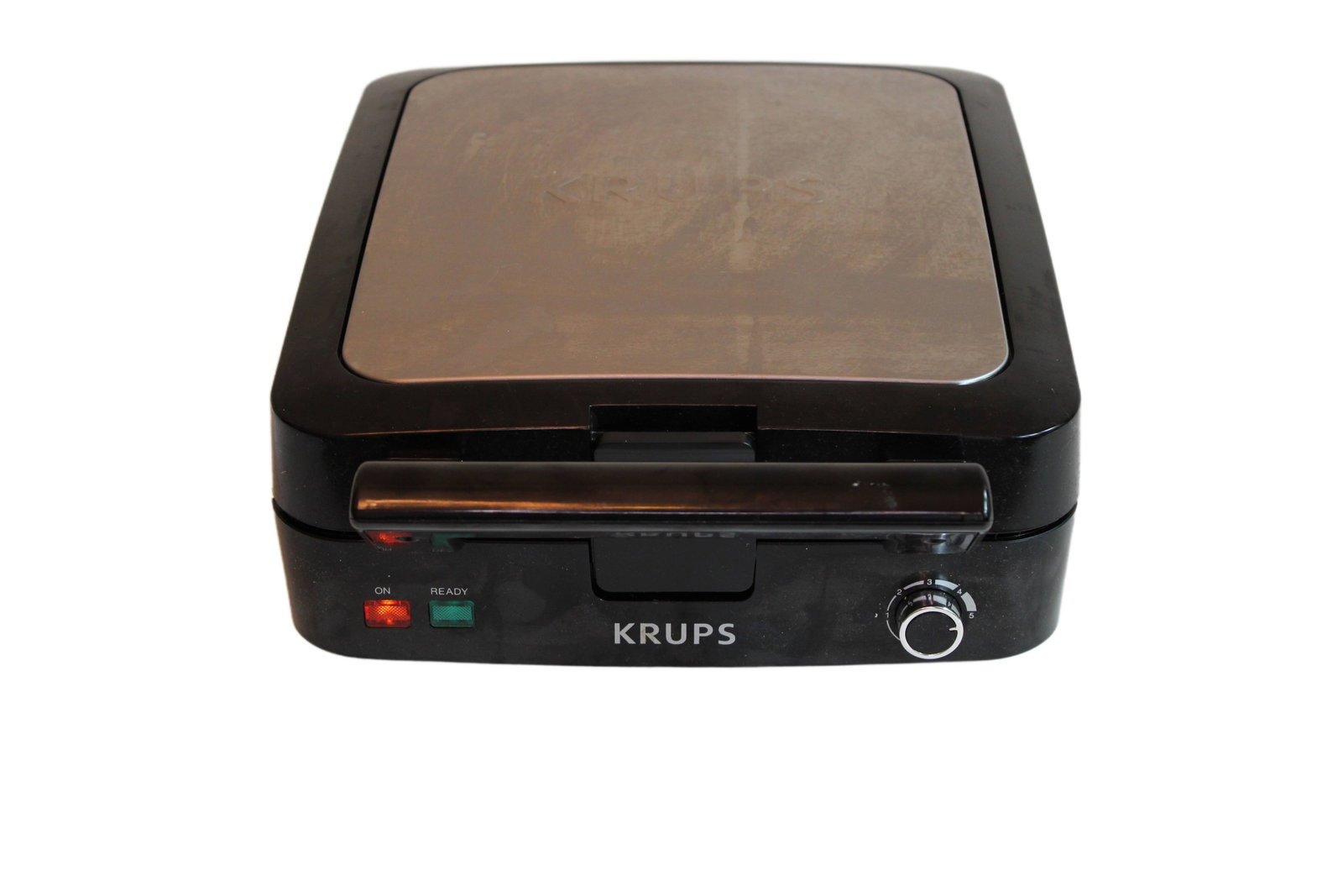 Krups Four Slice Belgian Waffle Maker: Krups Four Slice Silver and Black Belgian Waffle Maker. 4.5" H x 10" W x 14" D.