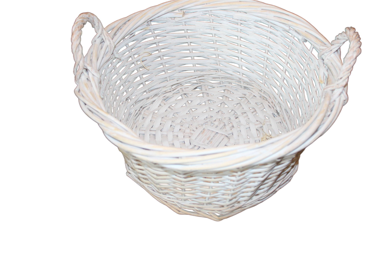 White Basket: White Circular Woven Basket. 15" H x 15" Wx 9.5" D.
