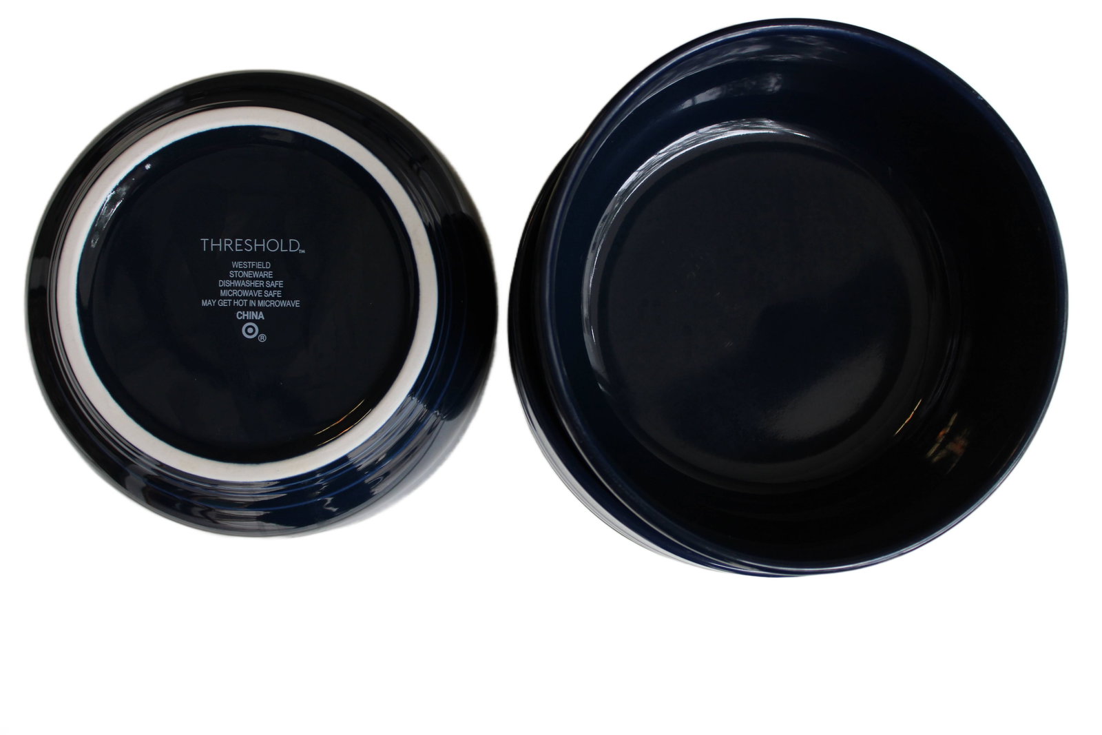 Set of Five Blue Threshold Bowls: Set of Five Blue Threshold Bowls. Stoneware, Dishwasher Safe, Microwave Safe. Each Bowl: 2.5" H x 6" Wx 6" D.