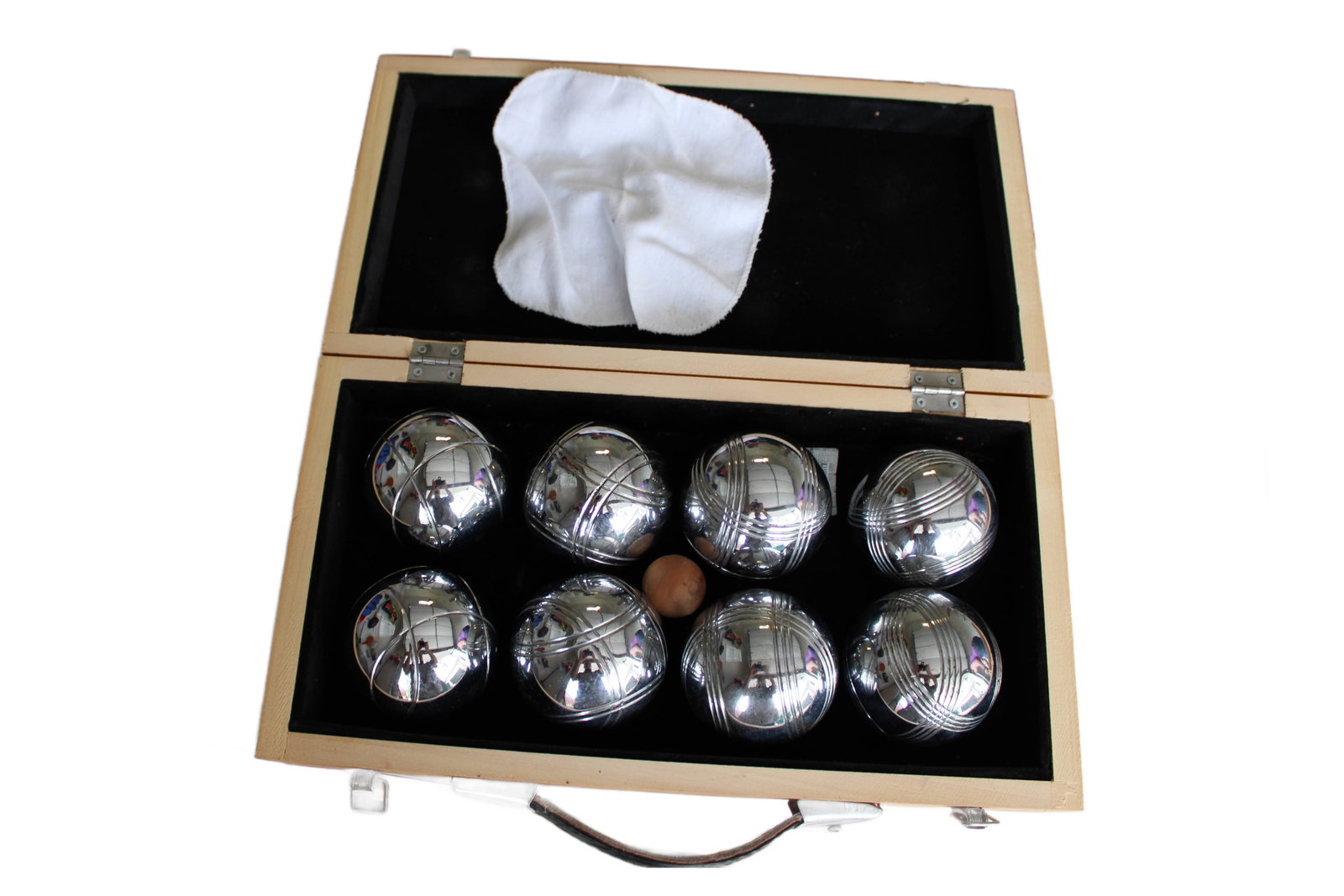 Bocce Ball Set in Wooden Case: Bocce Ball Set in Wooden Case. 3.5" H x 14" W x 7.5" D.