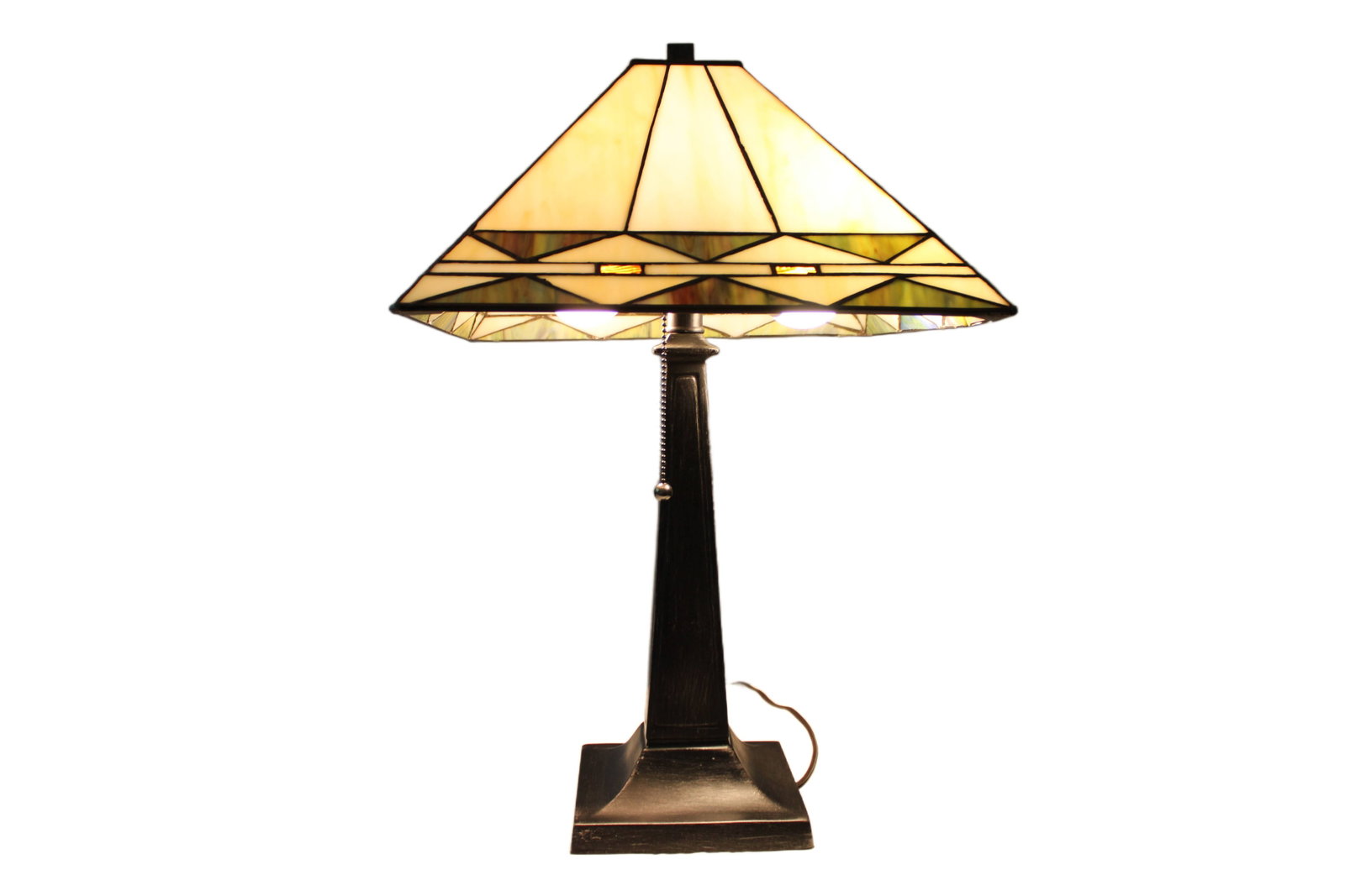 Tiffany Style Desk Lamp: Beautiful Tiffany Style Desk Lamp. Dual Light with Two Pull Chains. Note: Lamp Shade is Broken in One Corner. Shown in the Last Photo. 23" H x 14" W x 14" D.