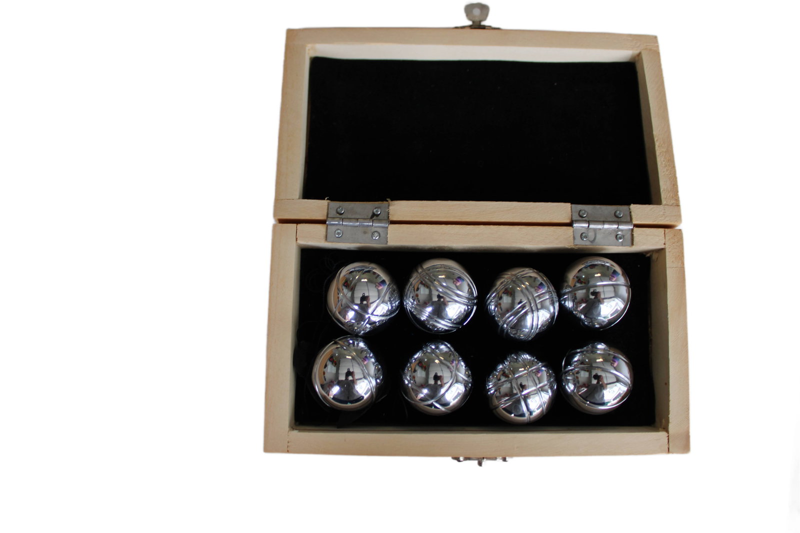 Mini Bocce Ball Set in Wooden Case: Mini Bocce Ball Set in Wooden Case. Each Ball is Approximately 1.25 Inches in Diameter. 2" H x 7" W x 4" D.