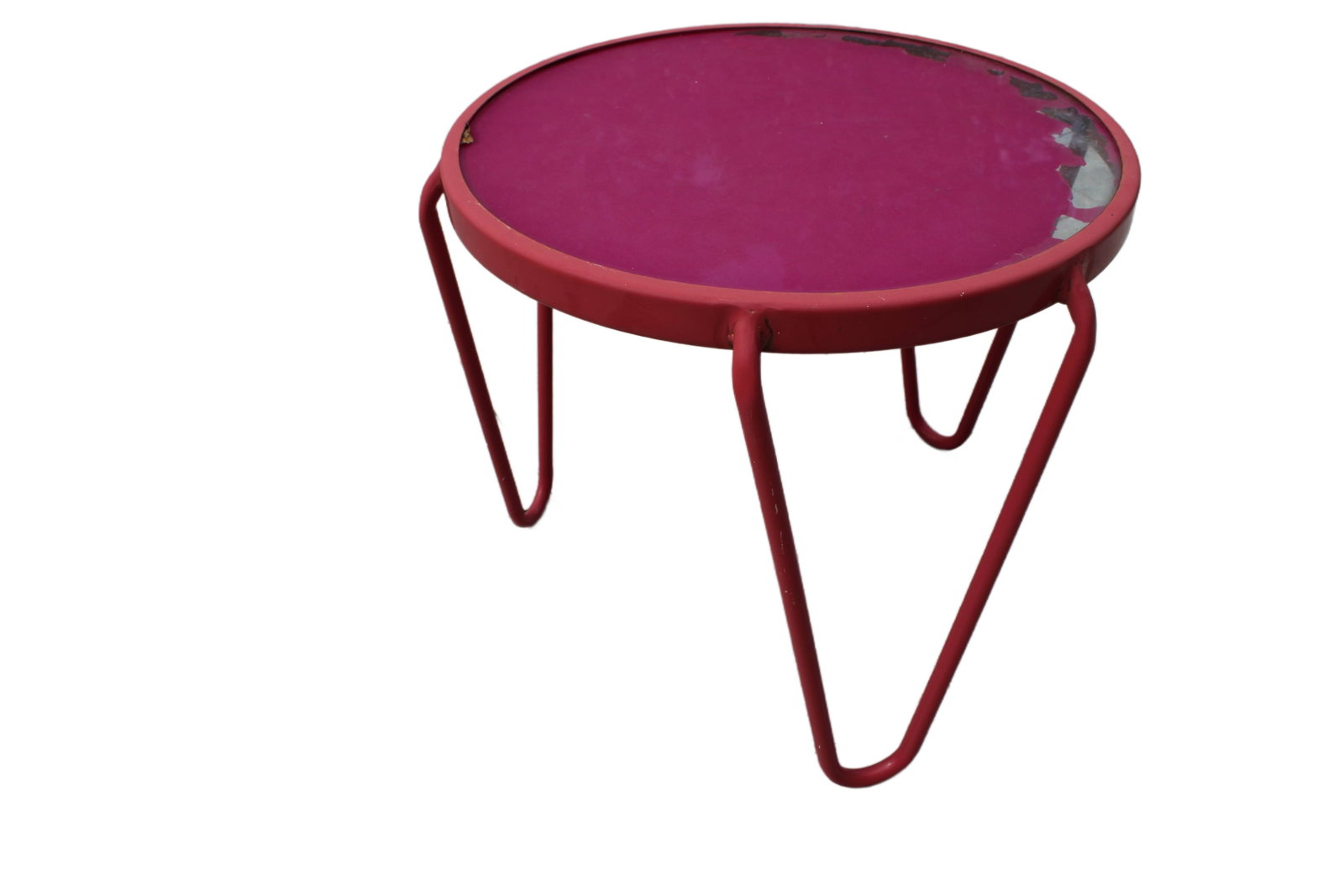 Round Top Red and Pink Patio End Table: Round Patio End Table with Pink Plastic Top and Red Metal Frame. Lightweight. Table Top Has a 20 Inch Diameter. 18" H x 22" W x 22" D.