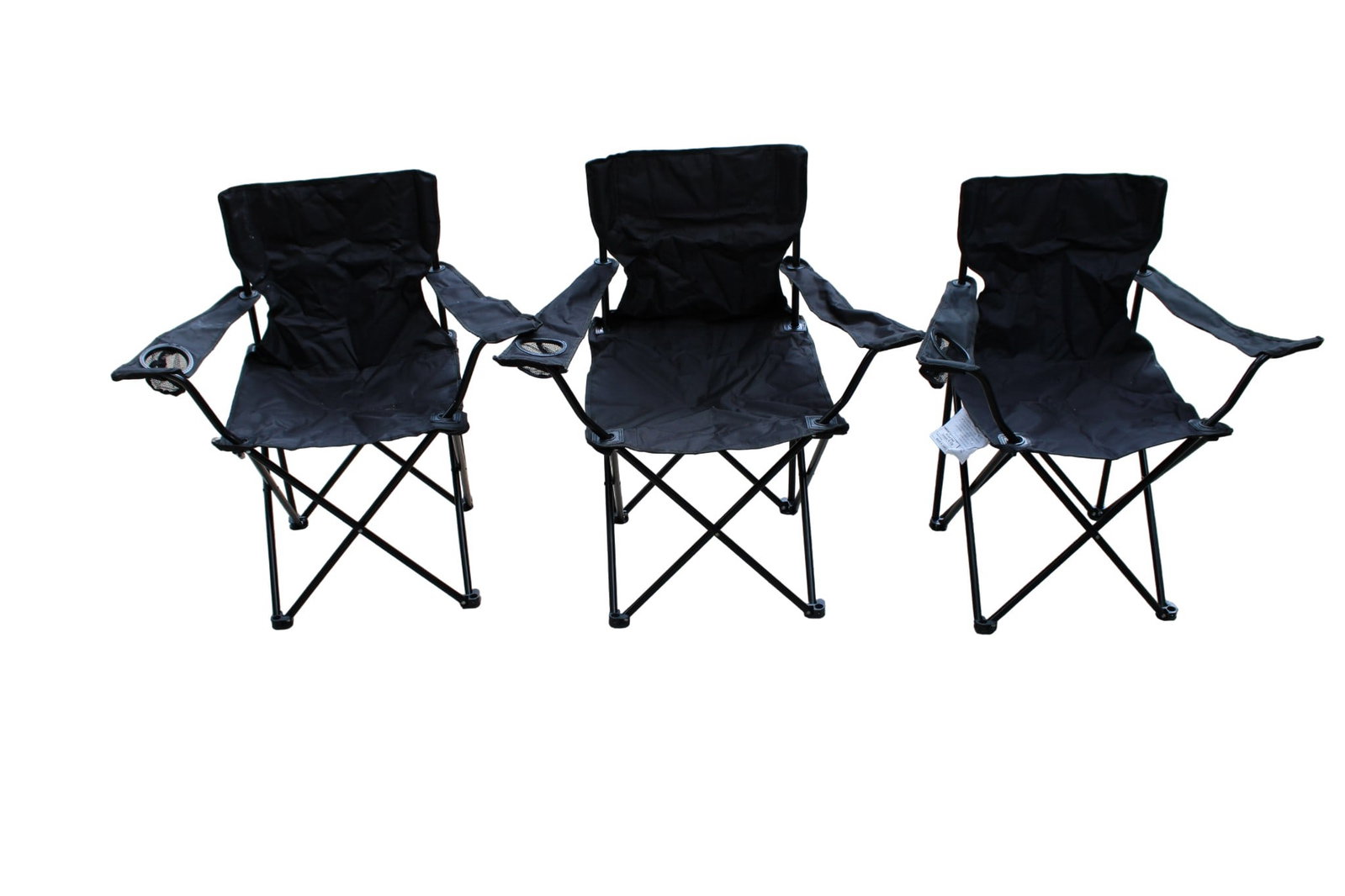 Three Dick’s Camping Chairs: Set of Three Dick’s Sporting Goods Black Folding Arm Chairs with One Drink Holder Each. Chairs are 33 Inches Tall by 33.5 Inches Wide by 19.5 Inches Deep. Travel Bags Included. Each Chair When
