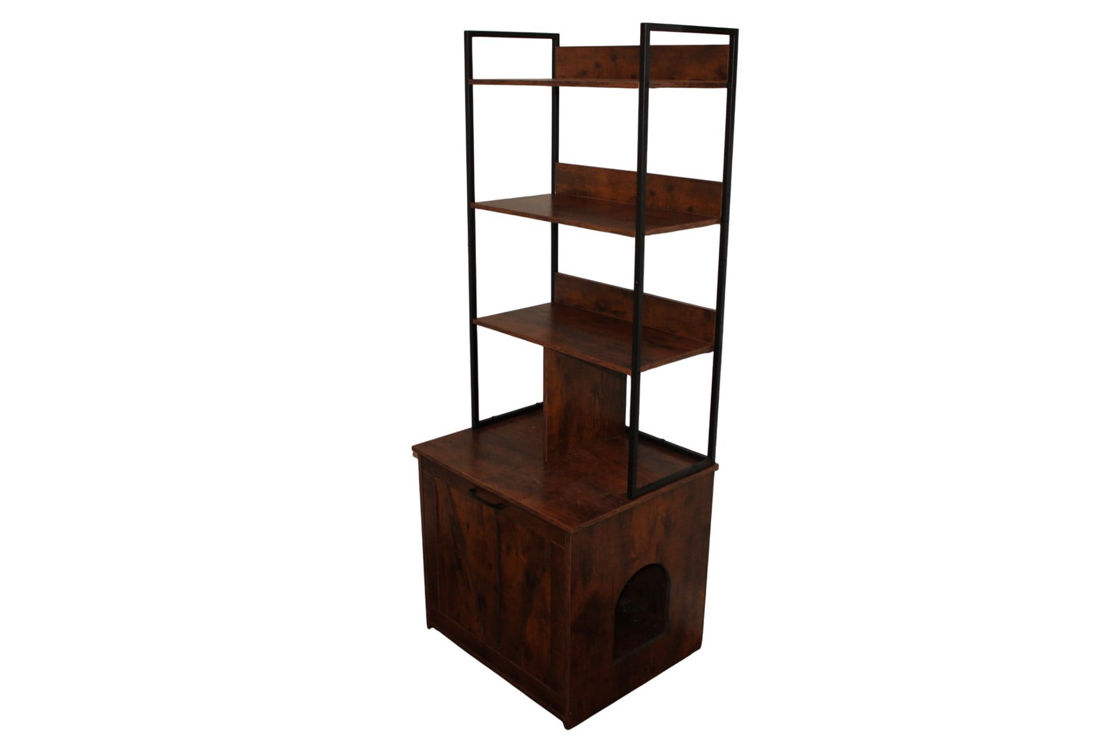 Litter Box Enclosure with Shelves: Wooden Litter Box Enclosure with Shelves and Black Wrought Iron Frame. 62” H x 24” W x 20" D.