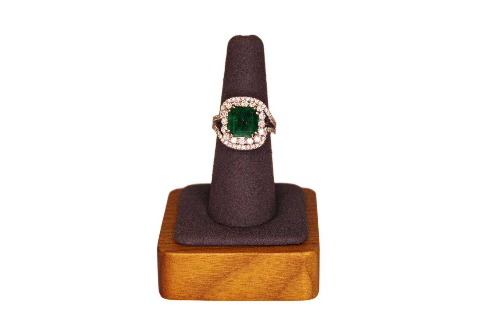 Ladies 14K Diamond Ring Square Chatham Emerald: Ladies 14K White Gold Diamond Ring with Center Square Cut Chatham Emerald and 36 Round Brilliant Cut Diamonds Emerald is Lab Grown, 5.00 Carats, 9.85mm, Prong Set Round Brilliant Cut Diamonds are