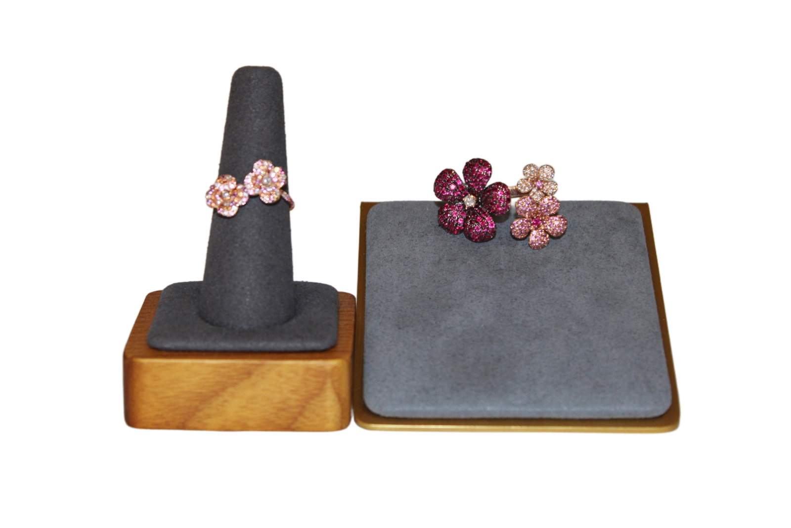 18K Rose Gold Rings, Ruby, Pink Sapphire and Diamonds: Ladies 18K Rose Gold 3 Flower Ring with Ruby, Pink Sapphire, and Diamonds Paired with Second Rose Gold Ring Larger 3 Flower Ring: 57 Diamonds, .35 Carats 65 Pink Sapphires, .74 Carats 111 Rubies, 2.27