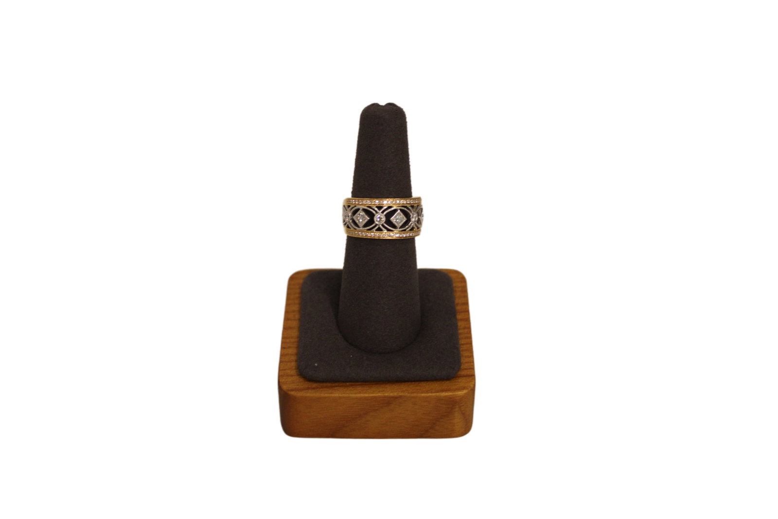 Ladies 18K White and Yellow Gold Diamond Antique Band: Ladies 18K White and Yellow Gold Wide Diamond Antique Band with 5 Princess Cut Diamonds, 6 Round Diamonds Bezel Set and 2 Outer Bands in Open Free Form Milligrained Section. Band has 60 Round