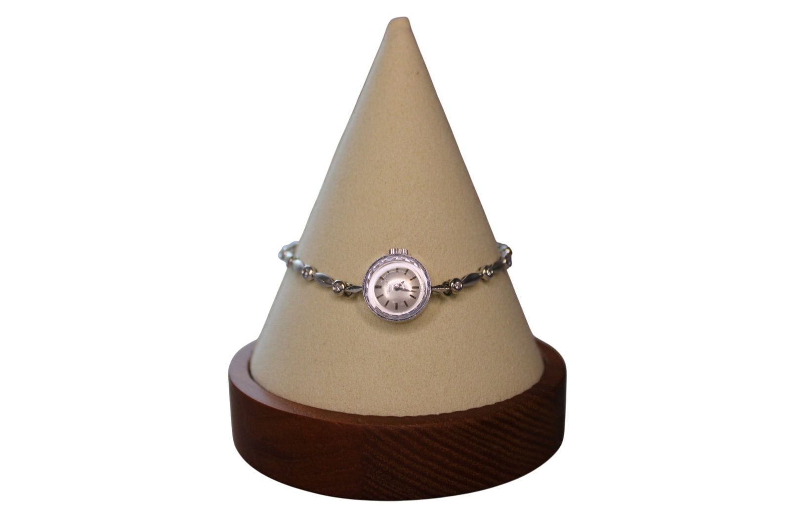 14K White Gold Watch with Natural Diamonds: 14K White Gold Watch with Natural Diamonds. Total Weight: 11g. Estimated 5-6g 14K Gold. Wrist Band/Bracelet Length: 6.75” Watch Face Diameter: Approximately .5”