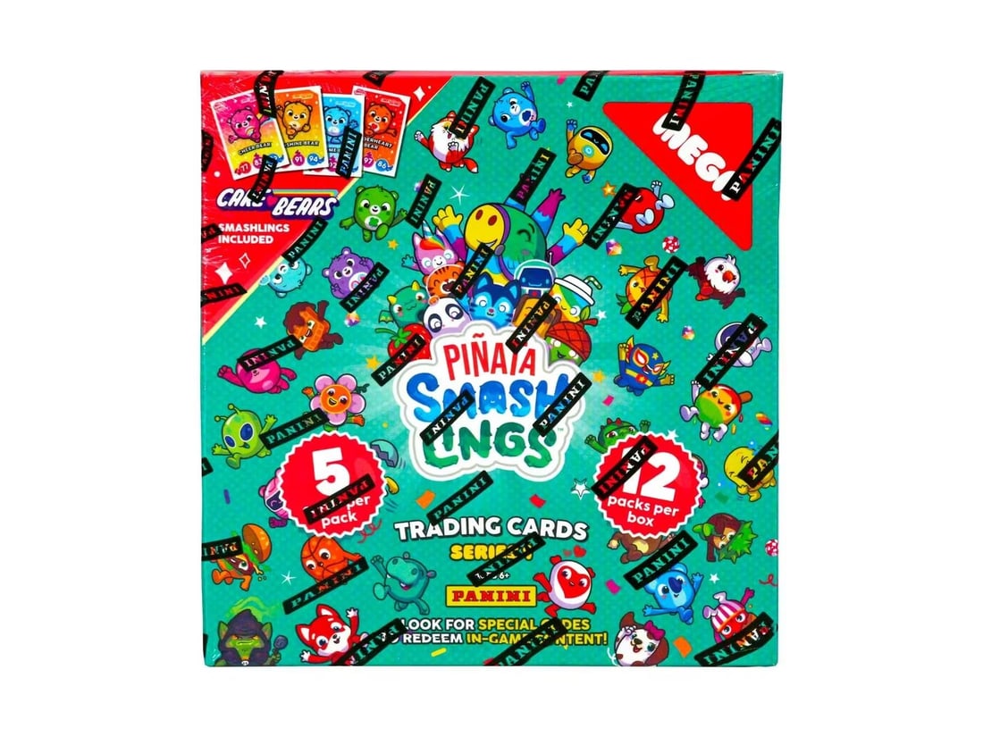 2024 PANINI PINATA SMASHLINGS SERIES 1 SEALED 12pk MEGA BOX: The 2024 Panini Pinata Smashlings Series 1 Sealed 12pk Mega Box contains trading cards featuring characters from the Smashlings TV show and Pinata Smashlings franchise. This box includes 60