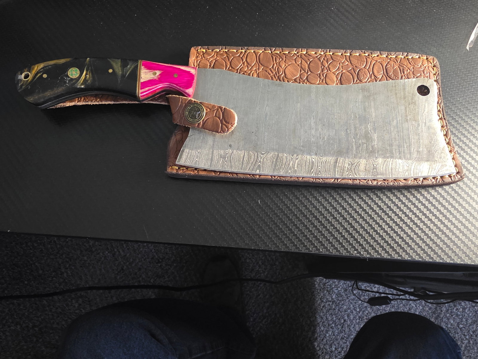Custom Damascus Butchers Cleaver: MHS Cuttlery Custom Damascus Meat Cleaver.