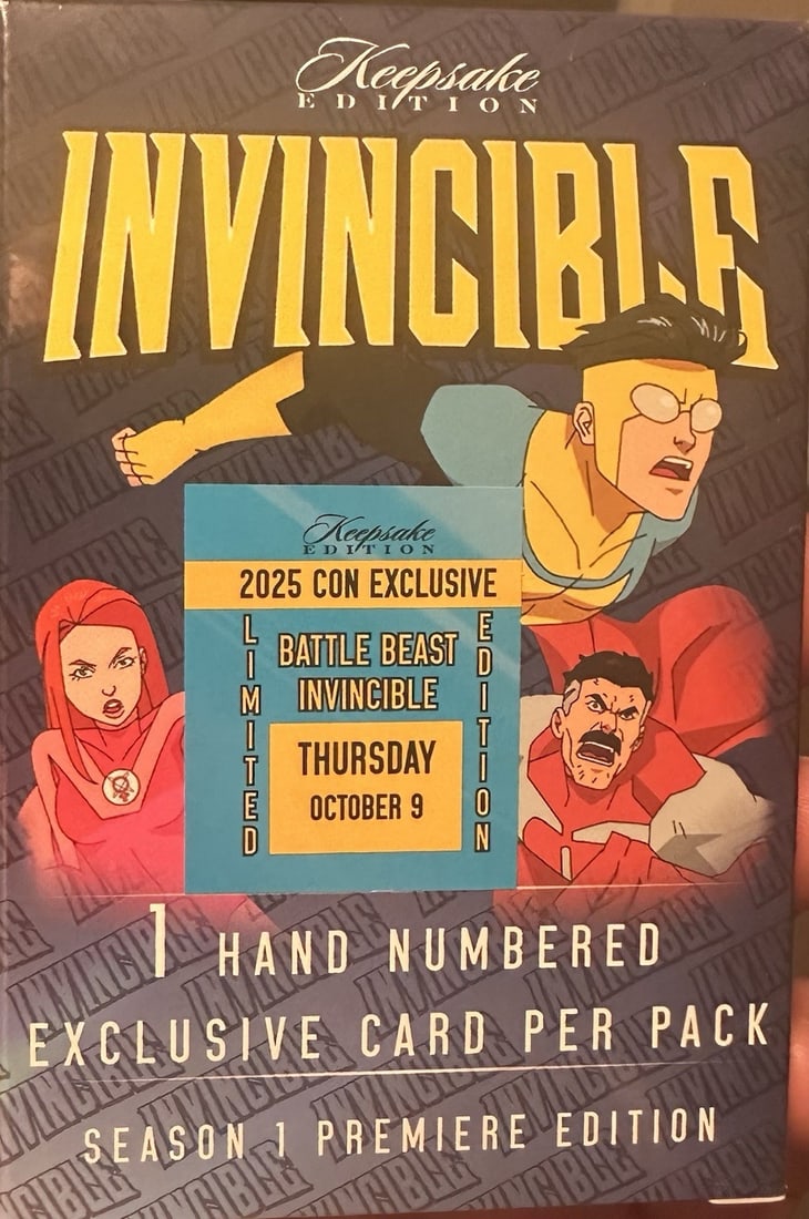 2025 Invincible Keepsake Edition Trading Card Con Exclusive Hand #’d Signagraph: The 2025 Invincible Keepsake Edition Trading Card is a limited edition collectible featuring the characters Invincible and Battlebeast from the popular TV show. This exclusive hand-numbered card is