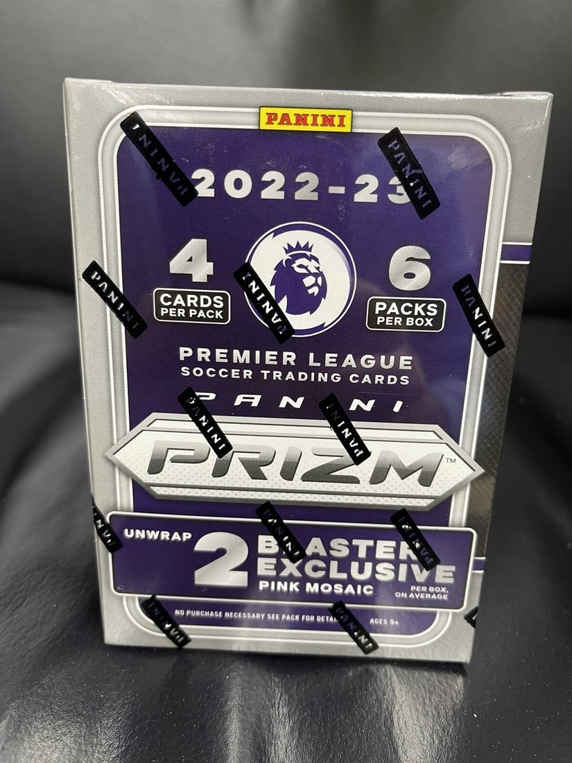 2022-23 Panini Prizm Premier League Soccer Factory Sealed 6 Pack Blaster Box: The sealed 2022-23 Panini Prizm EPL English Premier League Soccer Card Blaster Box contains 24 standard-sized trading cards featuring players from the Premier League. Manufactured by Panini in the