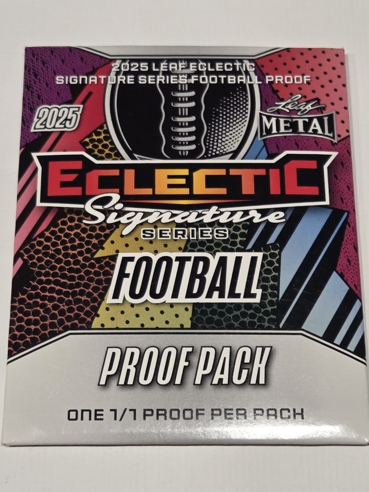Leaf 2025 Metal Eclectic Signature Series Football Trading Card Pack: The 2025 Leaf Metal Eclectic Signature Series Football Proof Pack is a sealed trading card pack featuring one standard-sized card from the National Football League (NFL). This pack includes one card