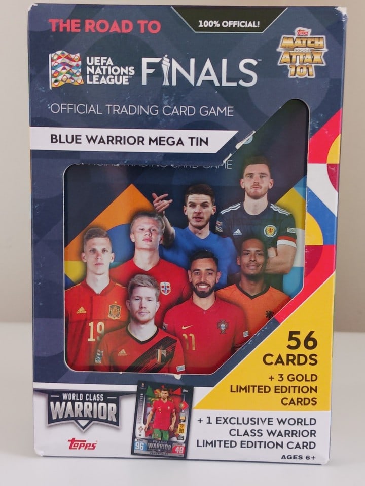2022 Topps Match Attack UEFA Soccer Messi Autos Gold Blue Warrior Mega Tin: Unwrap a piece of soccer history with the 2022 Topps Match Attax UEFA Nations League Blue Warrior Mega Tin. This collector's item features 56 premium cards, showcasing the world's most talented