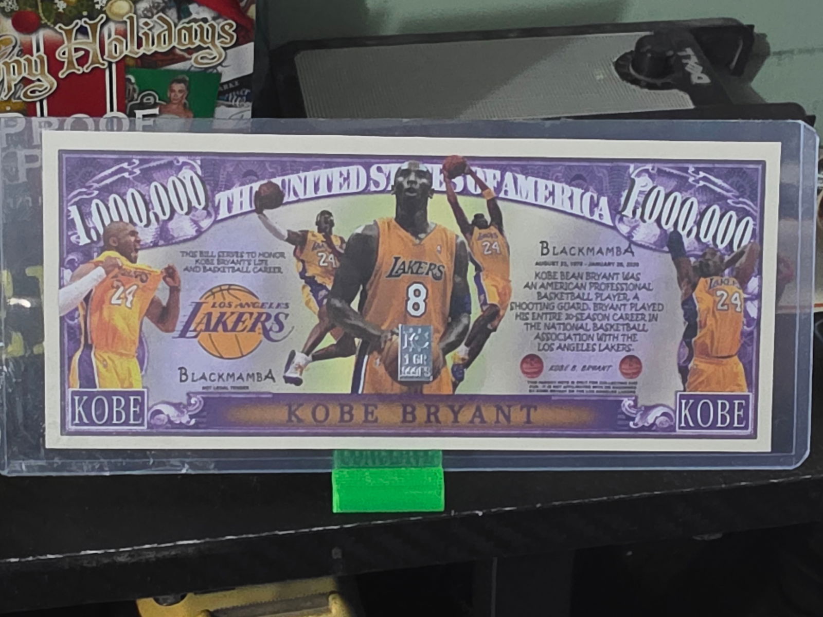 Kobe Bryant "Million Dollar Bill" Poster Novelty Collector's LA Lakers Tribute: Collectors Novelty $1,000,000 Bill with 1gr Silver Bar infused