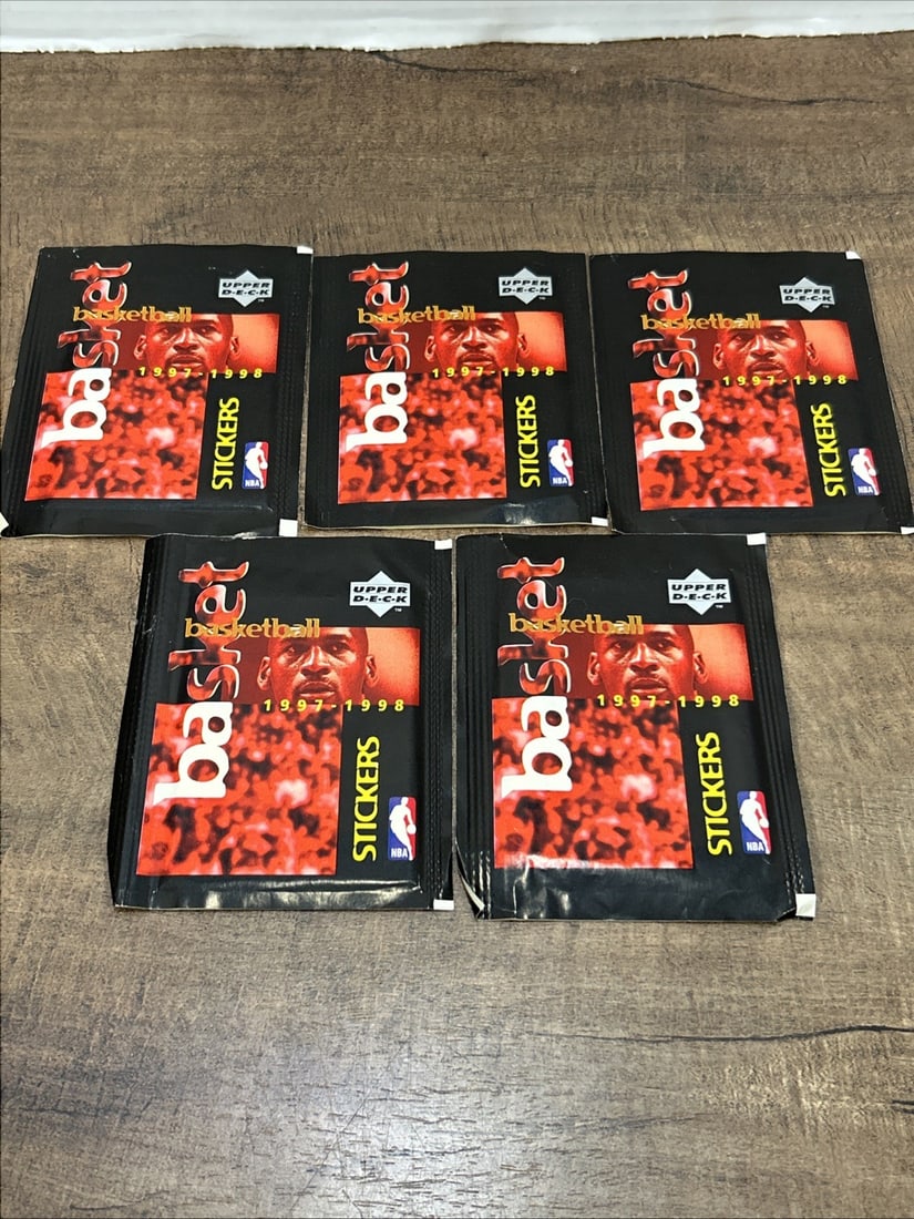 Lot Of 5-1997-98 Upper Deck Basketball Stickers Pack - Michael Jordan & Others: The product is a lot of 5 sealed trading card packs from the 1997-98 Upper Deck basketball set, featuring iconic players like Michael Jordan and Shaquille O'Neal. These vintage packs contain standard-