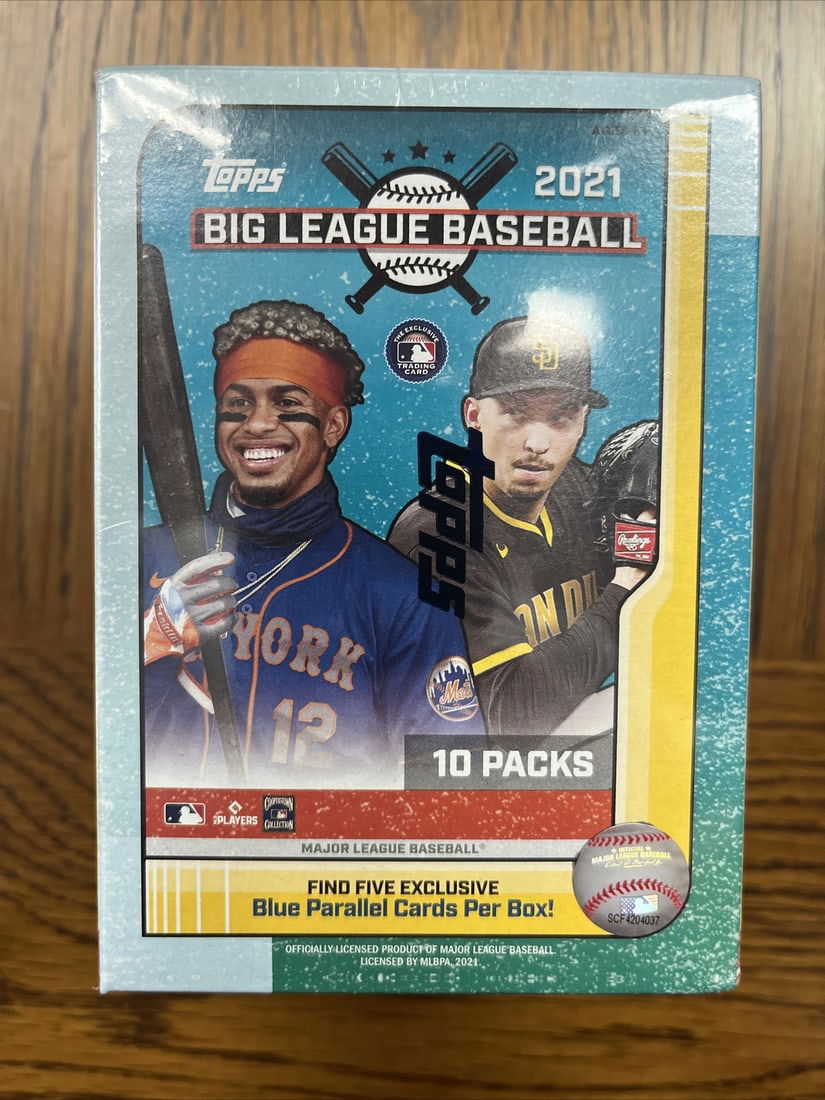 2021 MLB Topps Big League Baseball Blaster Box (100 Cards + 5 Blue Parallels): 2021 Topps Big League Baseball is a trading card set that has a 300-card base set featuring veterans and rookies, along with subsets like "Big League Best," "Award Winners," and "Highlights". It featu
