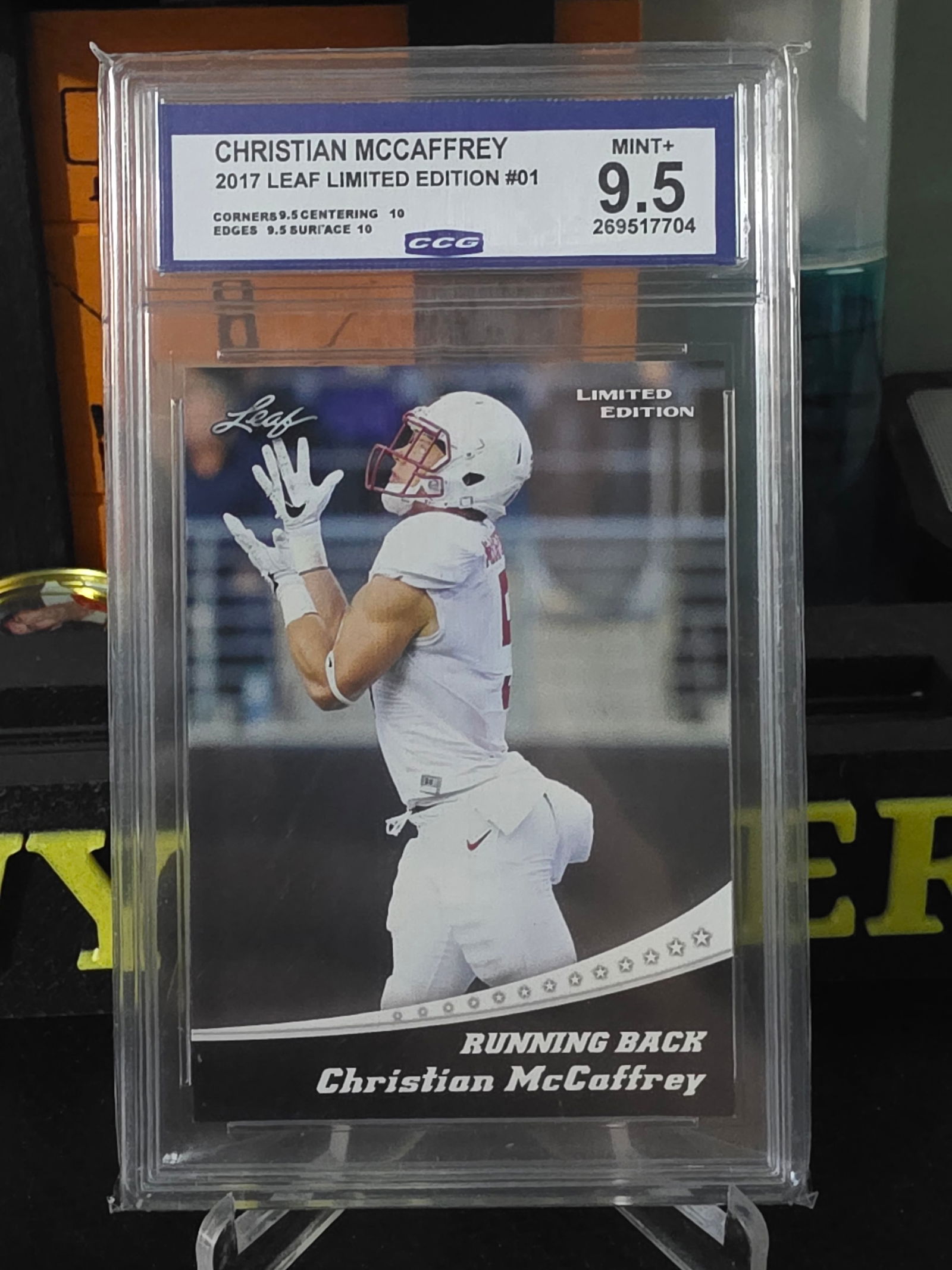 Christian McCaffrey 2017 Leaf Limited Edition #07 RC Grade 9.5: The product is a 2017 Leaf Limited Edition trading card featuring Christian McCaffrey, who is a prominent player in the sports world. This sports trading card is part of the 2017 Leaf Special Release