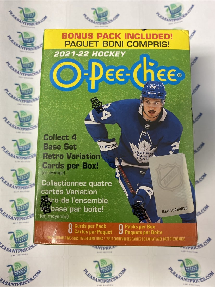 2021/22 Upper Deck OPC O-Pee-Chee Hockey 9pk Blaster Box: The product is a 2021-22 Upper Deck O-Pee-Chee Hockey Blaster Box, factory sealed and containing 72 standard-sized trading cards featuring players from the National Hockey League (NHL). The set includ