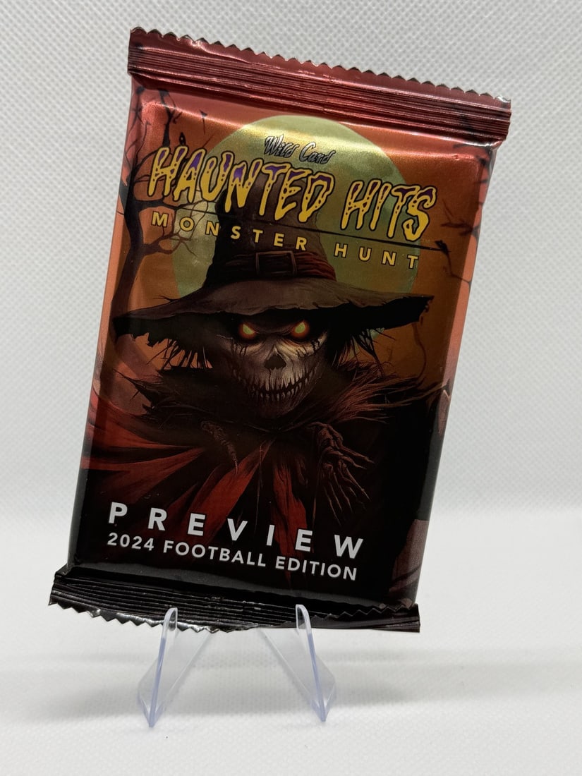 2024 Wild Card Haunted Hits Monster Hunt Preview Pack Factory Sealed: The product is a 2024 Wild Card Haunted Hits Monster Hunt Preview Pack factory sealed trading card pack. This pack contains one card featuring an autograph authentication from Donruss, manufactured by