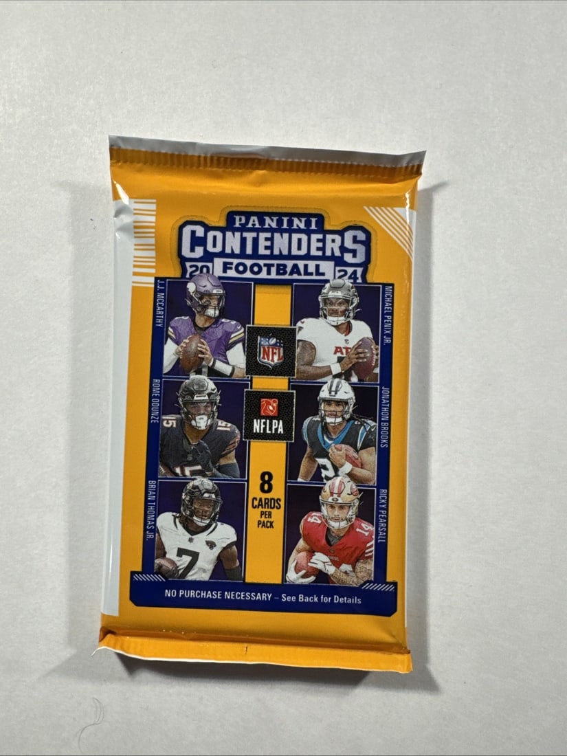 2024 Panini CONTENDERS Football NFL Blaster Box 1 auto o memorabilia per box: Panini presents the 2024 NFL Contenders Football Trading Card Blaster Box. Each box contains 5 packs with 8 cards per pack. Look for an Autograph or Memorabilia! Look for Ultra-Rare Inserts including