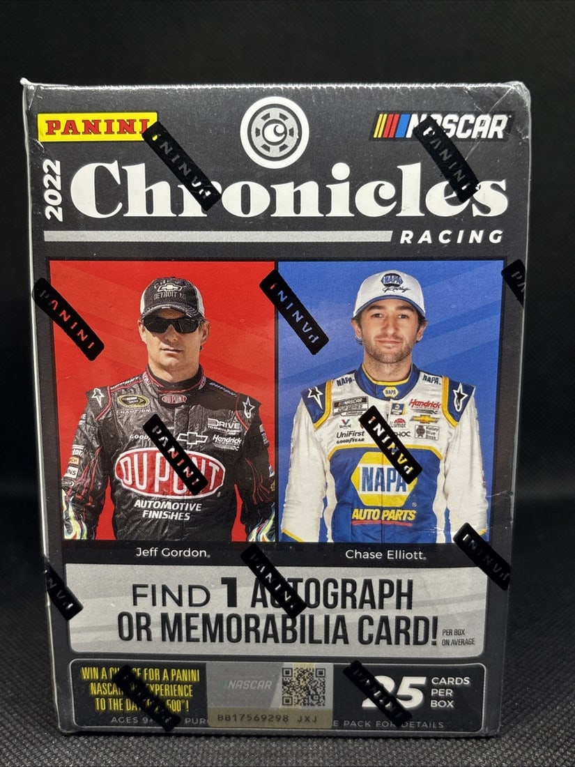Panini 2022 Chronicles Auto Racing Blaster Box: The Panini 2022 Chronicles Auto Racing Blaster Box is a standard-sized box containing 25 trading cards featuring NASCAR auto racing. Manufactured by Panini in the United States, these cards are made o