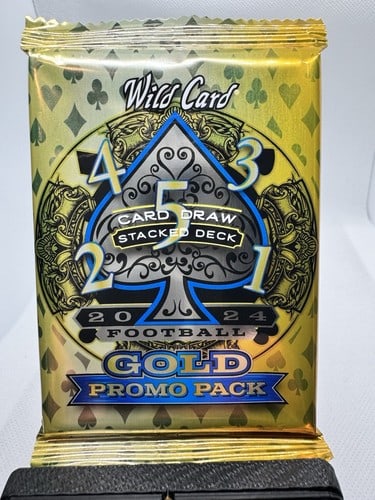 2024 Wild Card 5 Card Draw Stacked Deck Gold Promo Pack: The 2024 Wild Card 5 Card Draw Stacked Deck Gold Promo Pack is a special sports trading card set featuring football players from the National Football League (NFL). Each pack offers a unique chance to