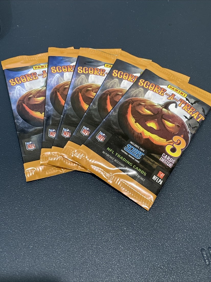 (5) 2024 Panini 'Score-A-Treat' Football Sealed Foil Packs: Get ready to indulge in the world of football with the Panini Score-a-Treat 5 Packs. This set is perfect for any fan of the National Football League (NFL) looking to expand their collection. Each pack