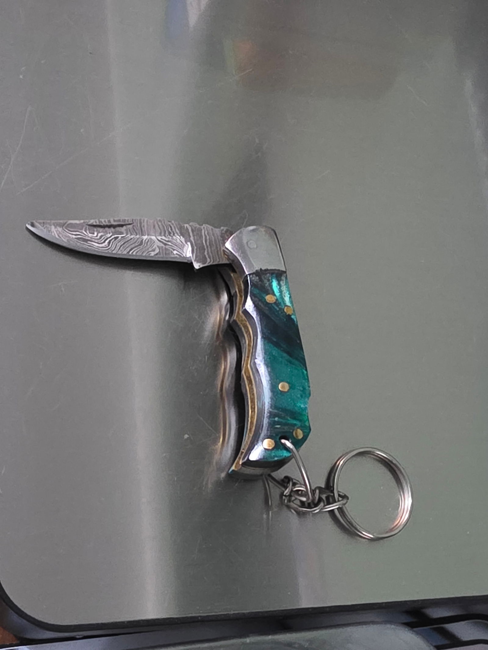 Custom Damascus folding Key Chain Pocket Knife: Custom Damascus folding Key Chain Pocket Knife with beautiful green handle