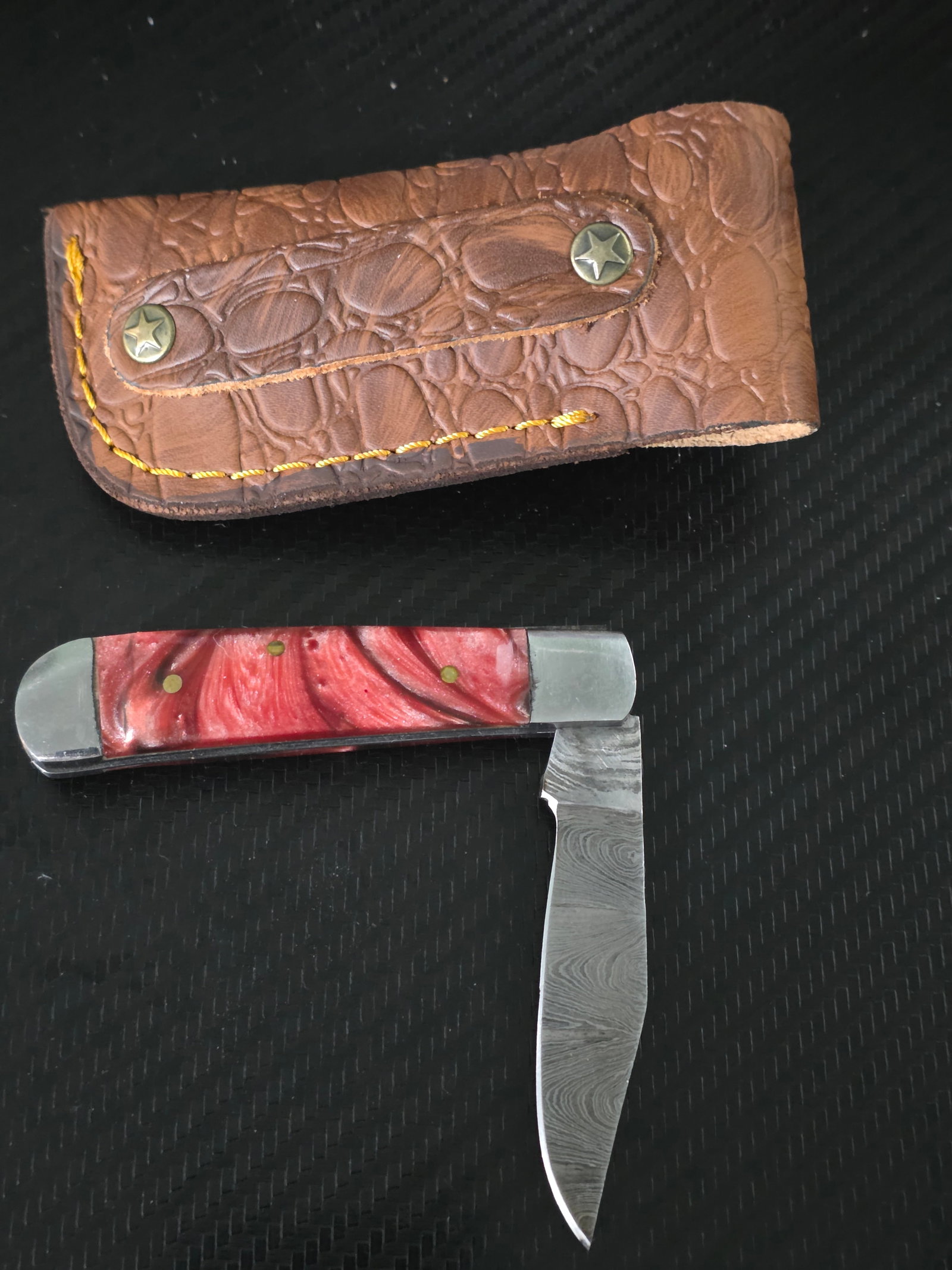 Custom Folding Damascus Knife With Sheath - 2