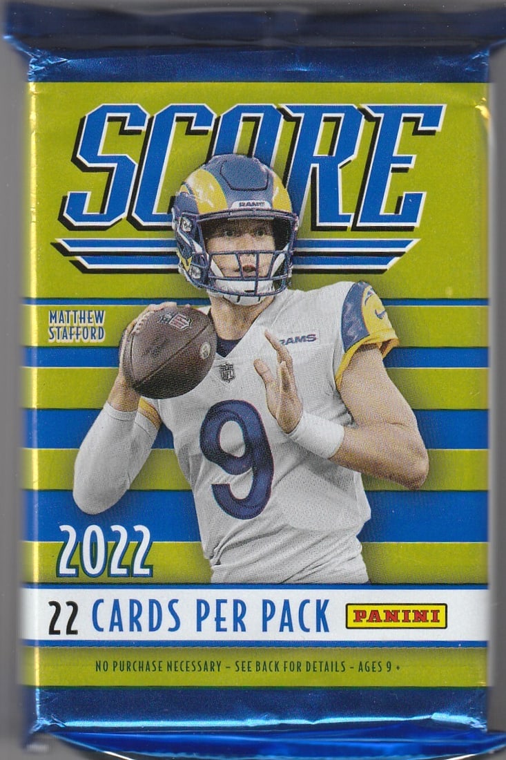2022 PANINI SCORE FOOTBALL PACK 22 CARD: This pack comes with 22 cards and features players from the National Football League (NFL). The cards are of standard size and are a part of the 2022 Score set. The pack is sealed and will be delivere