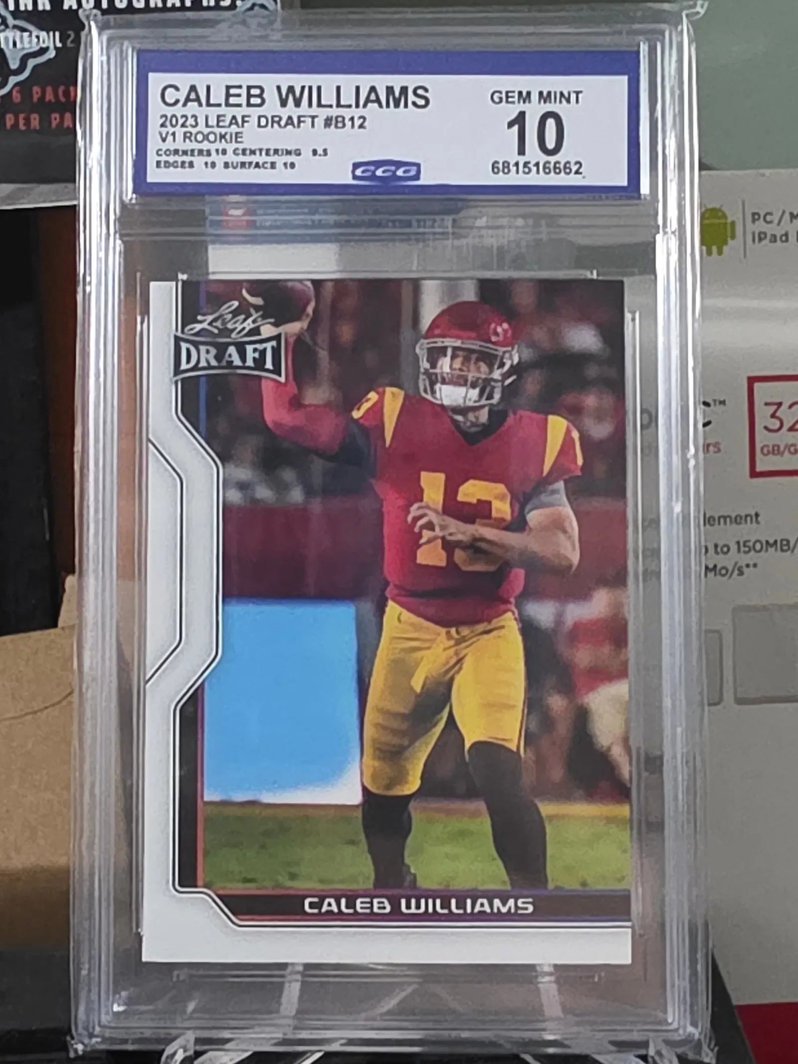 2023 Leaf Draft Caleb Williams #B1-2 CCG 10 Gem Mint: The 2023 Leaf Draft Caleb Williams #B1-2 CCG 10 Gem Mint trading card is a highly sought-after collectible featuring the young football player from USC Trojans. This standard-sized card is made of 20 