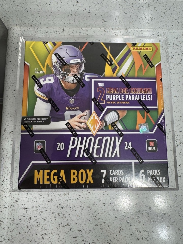 Phoenix Mega Box NFL football 2024 Panini Cards 7 cards 6 Packs: The product is a sealed box of 2024 Panini NFL football trading cards, specifically from the Phoenix Football set. This box includes 7 cards and 6 packs, all factory sealed. The autograph authenticati
