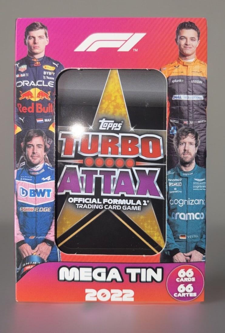 Topps 2022 Formula 1 F1 Turbo Attax Mega Tin 66 Cards: The Topps 2022 Formula 1 F1 Turbo Attax Mega Tin contains 66 standard-sized trading cards featuring drivers from the Formula 1 auto racing league. These cards are part of the F1 Turbo Attax set manufa