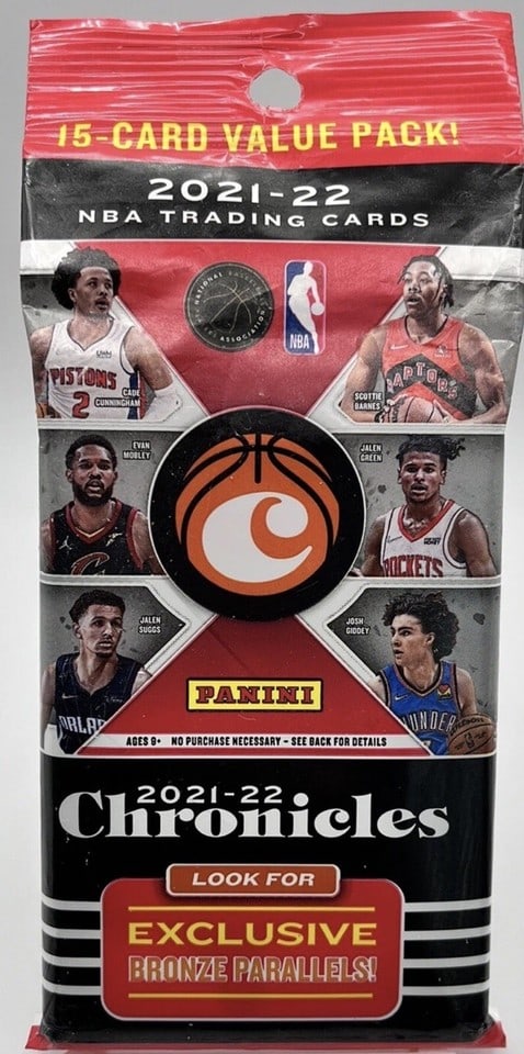 Panini NBA Chronicles Value Cello Pack Bronze Parallels 2021-2022: The Panini Chronicles 2021-22 NBA Basketball Value Cello Fat Pack contains 15 standard-sized trading cards featuring players from the National Basketball Association (NBA). Manufactured by Panini, the