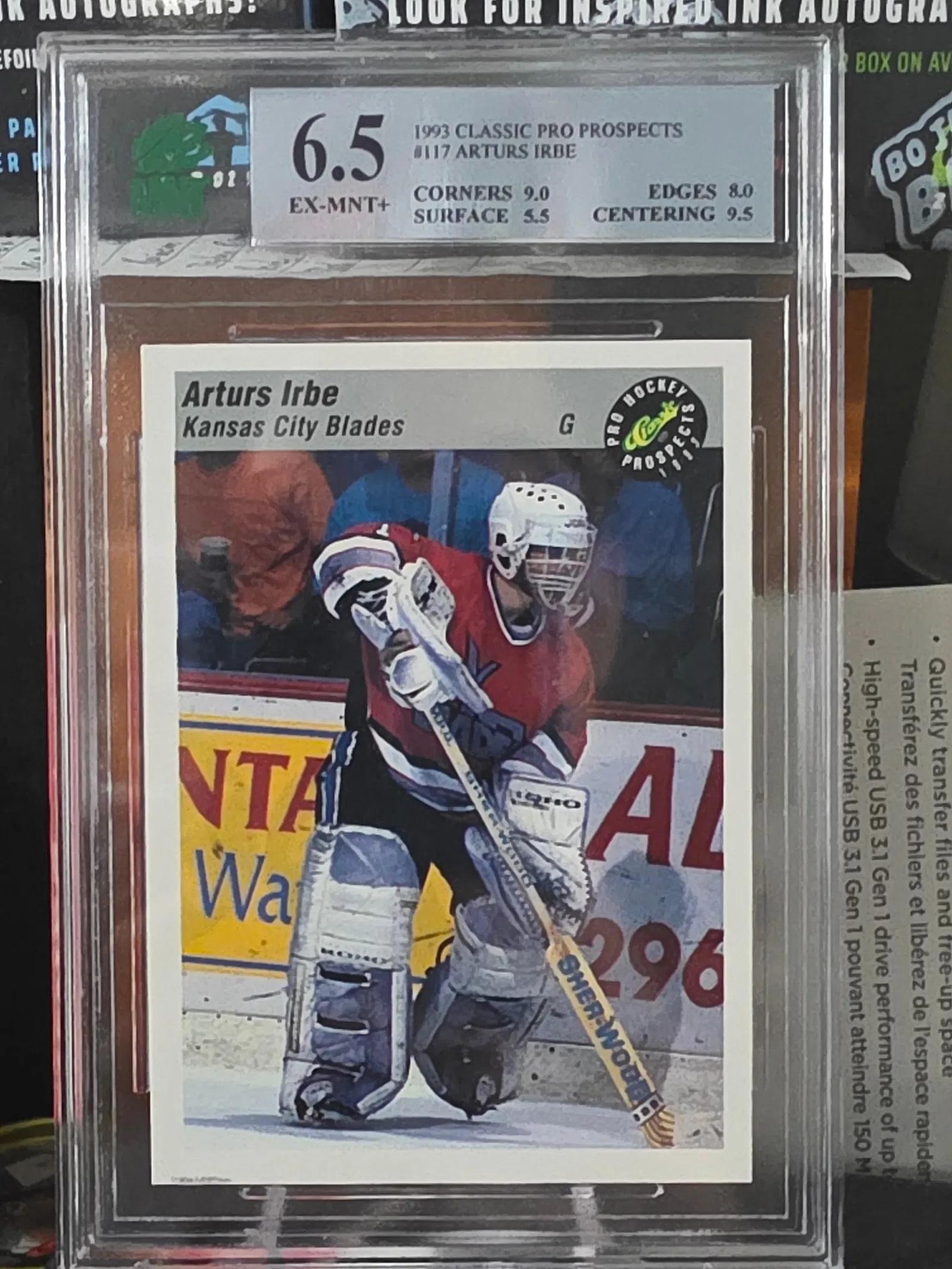 1993-94 Classic Pro Prospects Arturs Irbe Kansas City Blades #117: Arturs Irbe's 1993 Classic Pro Prospects Card # 117 features the talented goalie from the Kansas City Blades in the International Hockey League. This standard-sized trading card showcases Irbe in acti