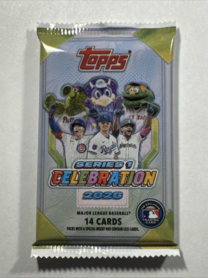 2026 Topps Series 1 Celebration Baseball Factory Sealed Pack From Box - 14 Cards: The product is a 2026 Topps Series 1 Celebration factory-sealed pack containing 14 standard-sized baseball trading cards each. These cards are from the Major League (MLB) and are manufactured by Topps