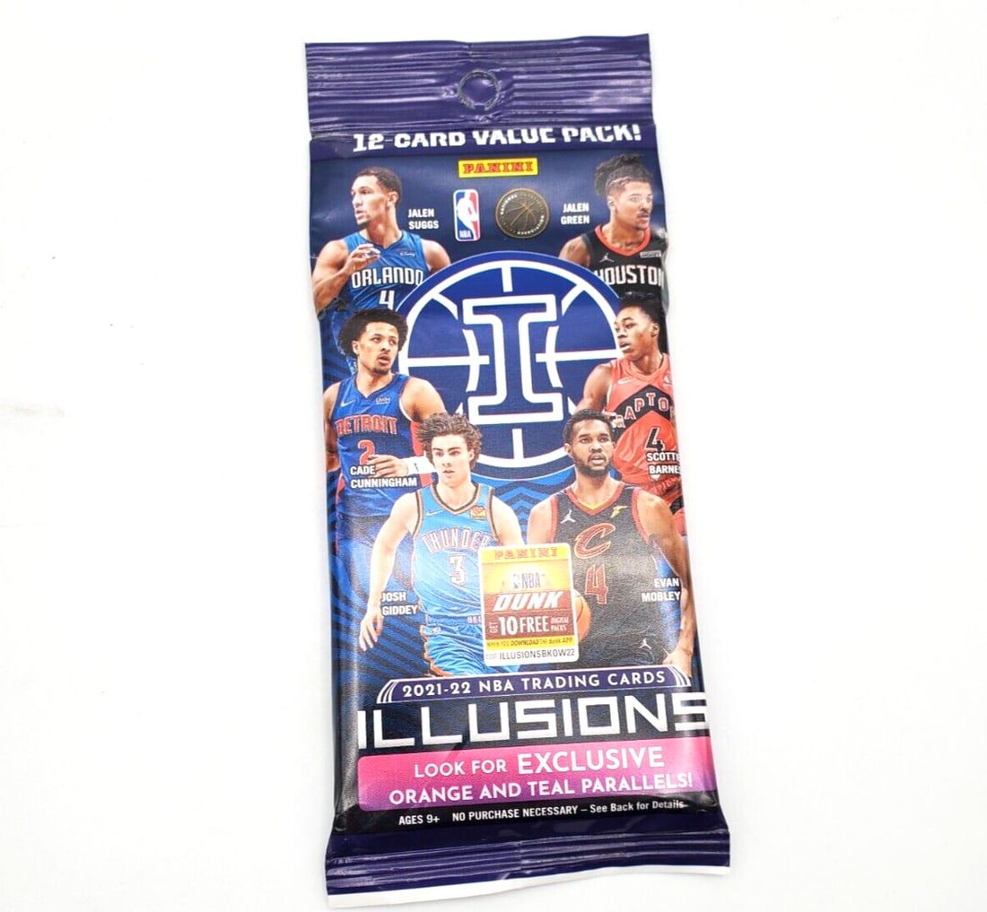 2021-22 Panini Illusions NBA Basketball Cello Value Fat Pack 12 Cards: The NBA Panini 2021-22 Illusions Basketball Trading Card VALUE Pack contains a total of 12 cards featuring players from the National Basketball Association (NBA). Manufactured by Panini, this pack is 