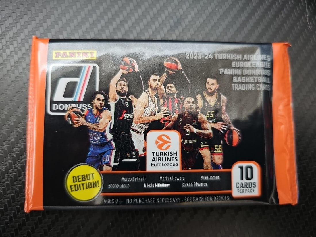 2023-24 Panini Donruss Turkish Airlines EuroLeague Basketball Hobby Pack: The product is a hobby pack of 2023-24 Panini Donruss Turkish Airlines EuroLeague Basketball trading cards, featuring basketball players from the EuroLeague. The pack is part of a box configuration, c