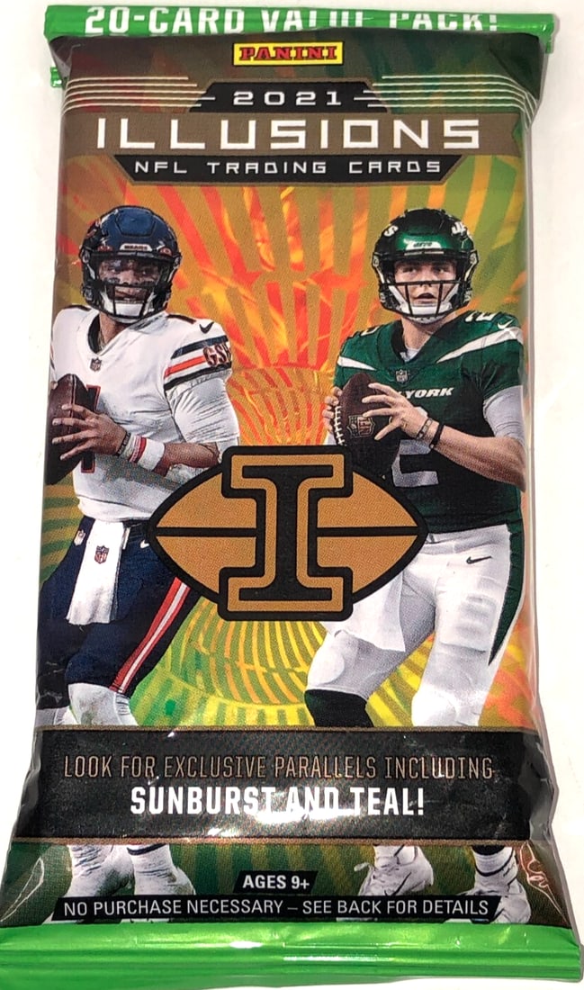 2021 Panini Illusions NFL Trading Cards 20-Card Fat Value Pack: Experience the thrill of the game with the 2020 Panini Illusions NFL Football Value Pack. Each pack contains 20 cards, including various inserts and the sought-after Sunburst & Teal parallels, enhanci