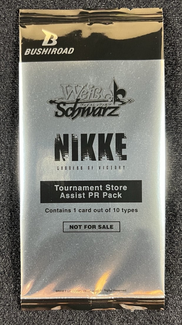 ENGLISH WEISS Nikke Goddess Promo Tournament Store Assist PR Pack: The product is an English Weiss Schwarz Tournament Pack, featuring sealed packs with promo cards from the manufacturer Bushiroad. Schwarz, with each pack offering a chance to collect and trade cards