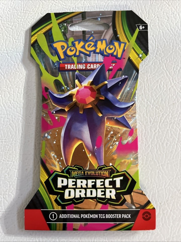 Pokemon: Mega Evolutions - Perfect Order Sleeved Booster Pack: The "Pokemon: Mega Evolutions - Perfect Order Sleeved Booster Pack" is a collectible card game product manufactured by MEGA in the United States. This booster pack contains exclusive cards from the Po