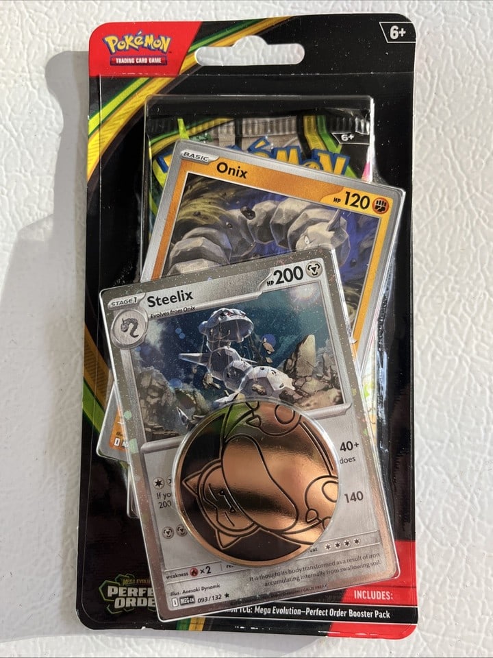 Pokémon TCG Mega Evolution Perfect Order Coin Pack Onix Steelix: The product is a brand new sealed Pokemon blister pack featuring the character Steelix from the Perfect Order set of the Pokémon Trading Card Game. The pack includes one standard-sized English langua
